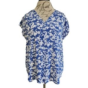 Liz Claiborne Blue Floral Button Front Cap Sleeve Shirt Size XXL Beach Resort